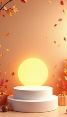 3d illustration of autumn harvest display with pumpkins, gourds, and gifts on podiums, decorated with fall leaves and branches, evoking a warm seasonal celebration