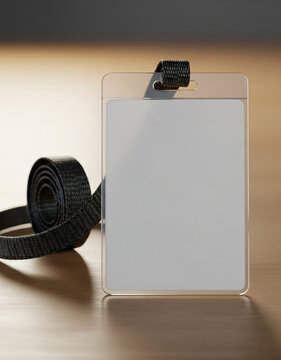 Realistic Mockup Of Blank Id Badge On Table With Strap Gently Curled