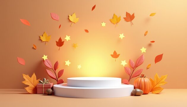 3d illustration of autumn fall season display with colorful leaves, pumpkins, and a gift box on a pedestal, illuminated by warm glowing lights, creating a festive harvest celebration backdrop