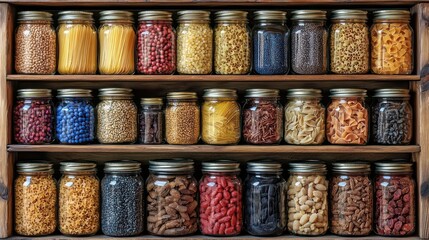 Kitchen shelf with mason jars of pasta and pantry staples in a close-up view.