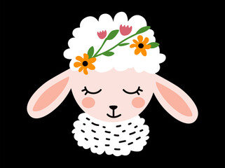 Whimsical sheep graphic with a floral crown, showcasing a cute animal design perfect for spring and Easter themes
