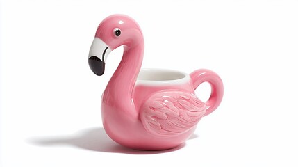 Pink ceramic flamingo-shaped mug sits on white surface