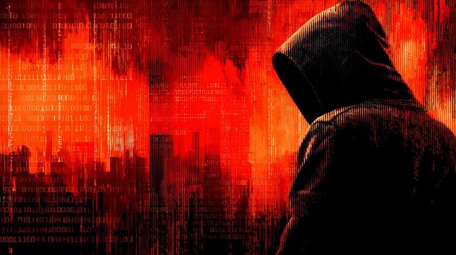 Silhouette of a hooded figure against a backdrop of binary code and a cityscape.