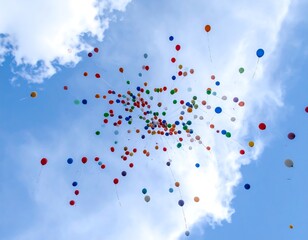 Colorful balloons released into a cloudy sky