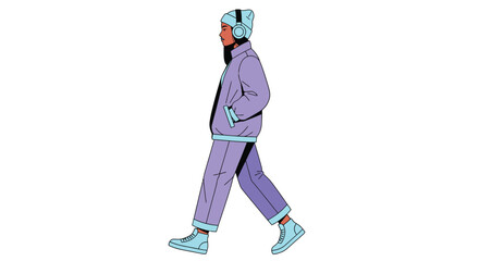 Woman walking with headphones and beanie in purple and blue