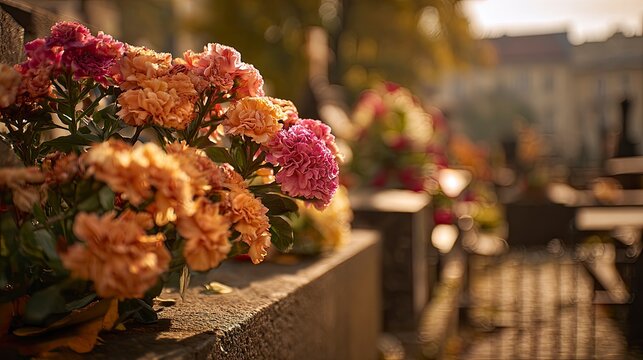 Pink and orange flowers sit atop a concrete ledge in a graveyard setting with muted colors