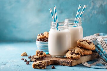 Two mason jars of creamy milk, accompanied by chocolate chip cookies on a rustic wooden board, against a textured blue backdrop.  Scattered cookies and chocolate chips complete the scene