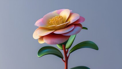 Detailed close-up of a stylized camellia flower with layered pink yellow and red petals and green leaves against a muted blue background