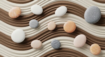 Collection of smooth stones arranged on a textured wavy background