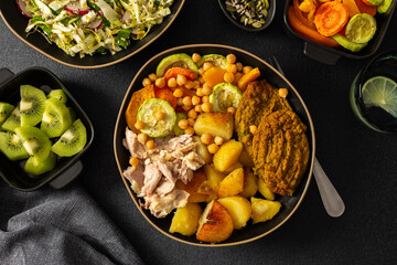 Enjoy a nutritious breakfast with baked sweet potato, carrots, zucchini, chicken breast, and lentil cutlets, complemented by a fresh salad and kiwi for dessert