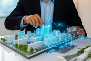 Futuristic City Planning: Architect Interacting with Holographic Model for Sustainable Urban Development