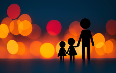 Family silhouettes holding hands warm bokeh lights love togetherness child