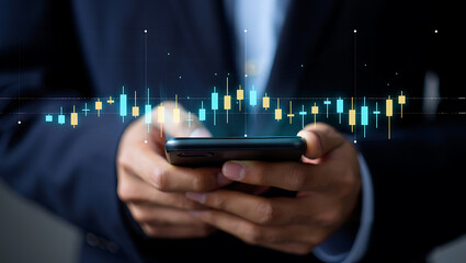 Person holding smartphone with financial chart overlay image