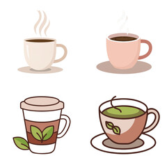 Obraz premium Four illustrated coffee cups with steam on white background 