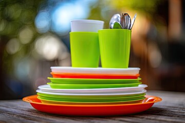 Stacked bright green, orange, and white plastic plates, cups, and cutlery on a wooden surface, outdoors with blurred background