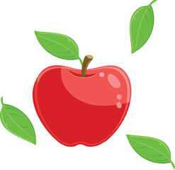 Shiny Red Apple with Green Leaves, Isolated on White