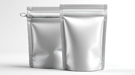 Two metallic silver stand-up pouches, one with a slider closure and hanging hole, on a white background; mockup style