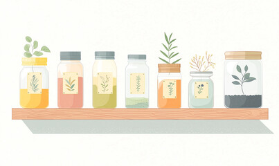 A collection of jars filled with herbs and spices displayed on a wooden shelf, showcasing a variety of colors and plant elements.