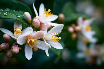 Fototapeta premium Delicate white citrus blossoms and pink buds on a branch after rain.