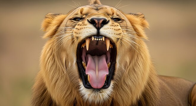 Majestic Lion with Open Mouth Showing Sharp Teeth and Pink Tongue in Wild Nature