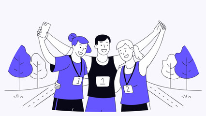 Celebrating running race finish line victory with friends and taking a selfie after marathon competition