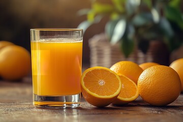 Refreshing Orange Juice in Closer with Sliced Oranges Around a Blurred Backdrop, Generative AI.