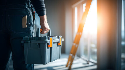 Close-up of a worker in dark coveralls holding a gray toolbox with orange handle, indoor setting with bright sunlight streaming through window, ladder in the background, cinematic industrial atmospher