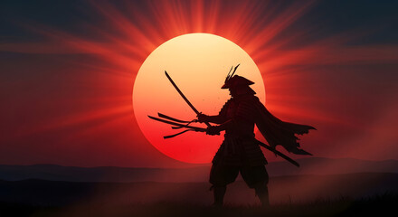 Samurai fighter silhouette with Japan rising sun