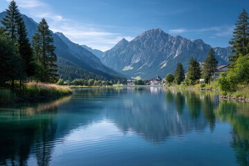 Fototapeta premium Still lake mirroring mountains trees a village under a bright blue sky