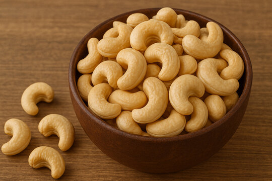 Raw Cashew Nuts in Wooden Bowl on Wooden Table. Healthy Plant-Based Snack