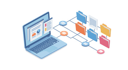 Isometric laptop with cloud document management and file organization system