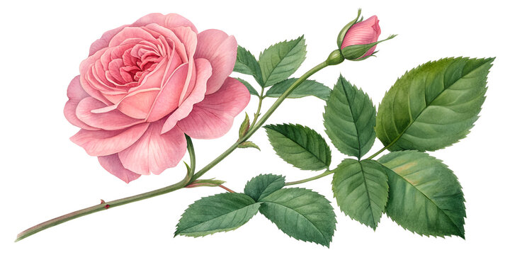 Pink rose flowers with green leaves isolated on transparent background   - Powered by Adobe