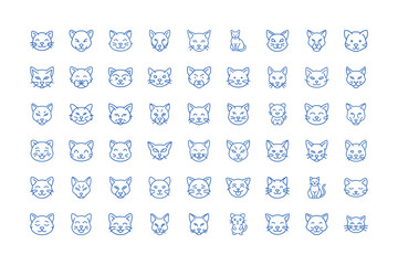 Vector art of diverse collection of cute cat and kitten faces, isolated, showcasing various expressions and breeds in a simple line art drawing style, representing feline pets and animal emotions