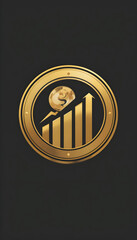A golden bar graph with an upward-pointing arrow and a dollar coin, encased in a golden circle, set against a dark background. It symbolizes financial growth, investment and success