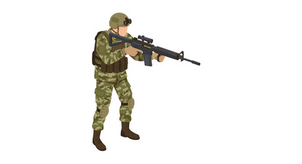 Isometric soldier in camouflage gear aiming rifle on white background