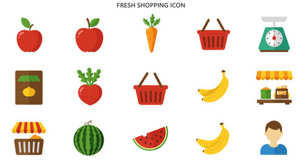 Fresh produce and market icons in modern flat style