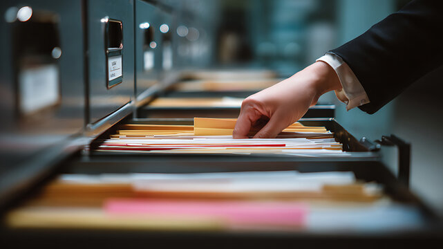 Focused Hand Selecting a Confidential Document from an Office Archive