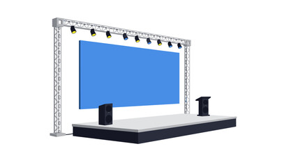 Modern conference stage with lighting and blank presentation screen