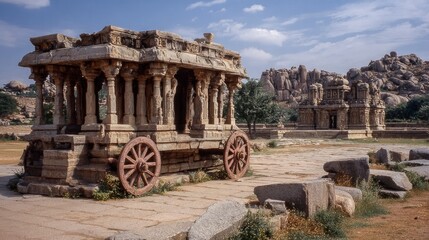 Fototapeta premium Stone chariot temple on wheels with columns and temple in background under blue sky