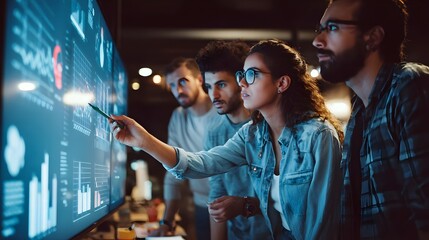 Team reviewing marketing performance data on large screen in office meeting.
Concept: Marketing analytics, strategy, tracking, teamwork, KPIs, business growth.