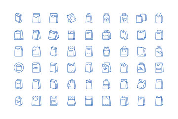 Vector art of assortment of various paper bags and shopping bags, isolated, featuring different sizes, shapes, and handle styles in a simple outline drawing, representing packaging and retail commerce