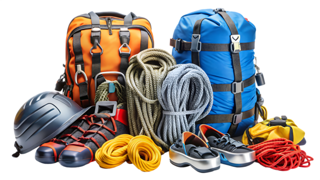 complete set of essential rock climbing gear inclu isolated on white background, png, ai generated.
