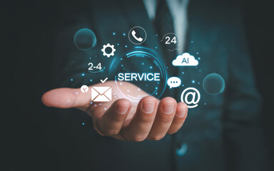 Innovative Customer Service Solutions in a Futuristic Style with Glowing Icons and Dark Background