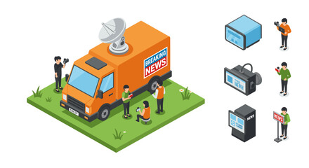 Isometric breaking news van with reporters and camera crew elements