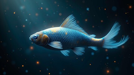 Fototapeta premium A magical koi fish with glowing blue scales and golden highlights swimming gracefully underwater, 3d render