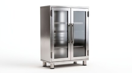 Stainless steel cabinet with glass doors, showing interior shelves and cylindrical containers.  Features metallic handles and raised feet