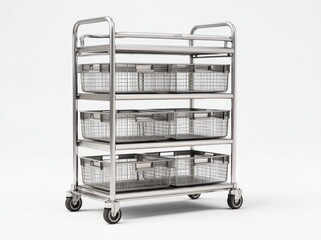 Stainless steel cart with four tiers of wire mesh baskets, each tier holding two baskets, on wheels, against a white background