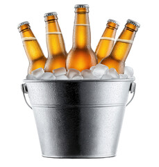 Metal bucket with ice cubes cooling five beer bottles on transparent background