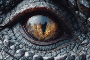 Naklejka premium Close-up of a dragon's eye reflecting the surrounding forest in its stunning detail during daylight hours