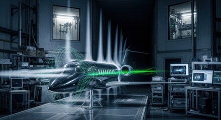 Lab setup with wind tunnel and composite business jet inlet model visualizing supersonic airflow patterns for aerodynamic optimization.